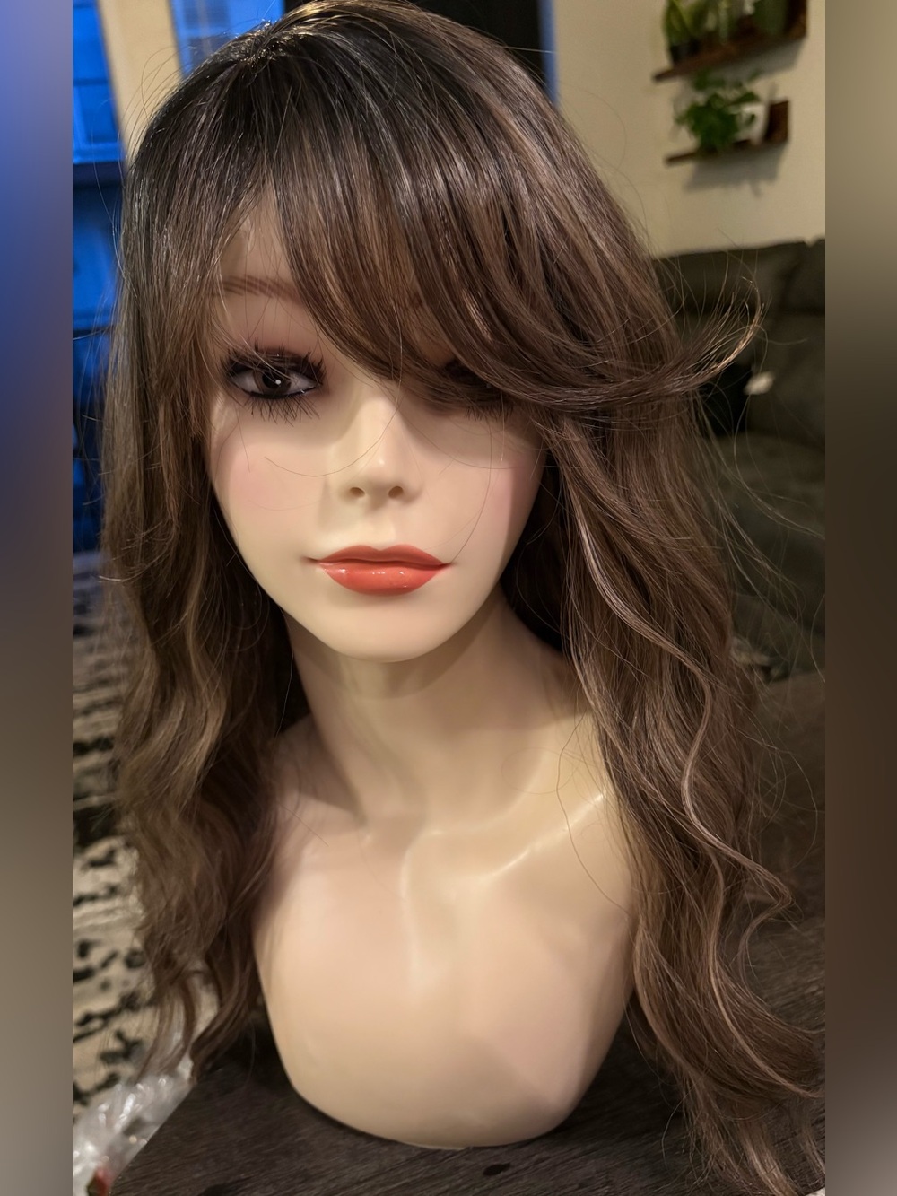 Brown Long Wavy Women's Wig with Side Bangs